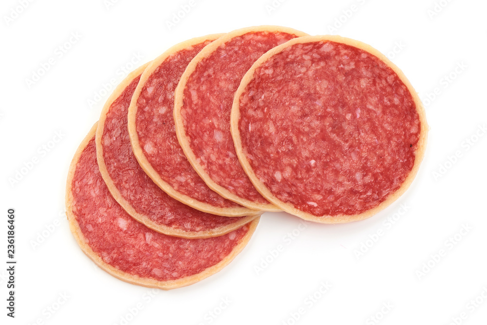 Sliced Parmesano Salami. Salami rolled in cheese, isolated on a white background. Close-up Sliced Parmesano Salami. Salami rolled in cheese, isolated on a white background. Close-up
