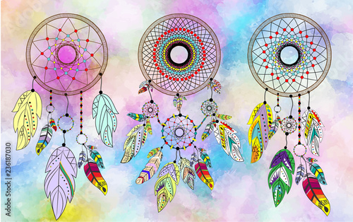 Dreamcatcher set on a colorful background. Vector illustration.