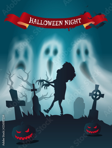 Happy Halloween Cemetery with Zombie Poster Vector