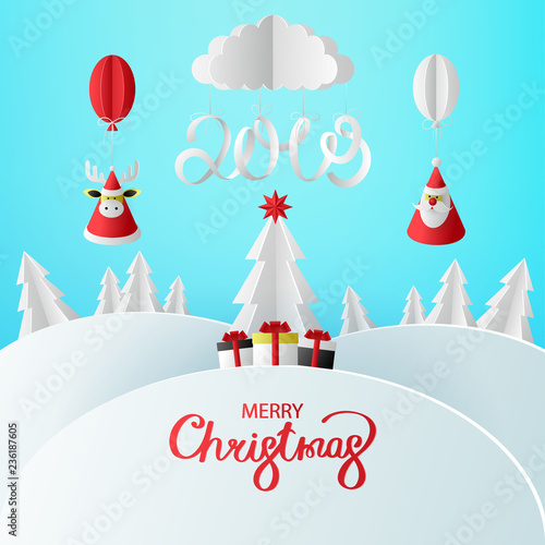 Blue Merry Christmas 2019 card with paper Christmas decorations.