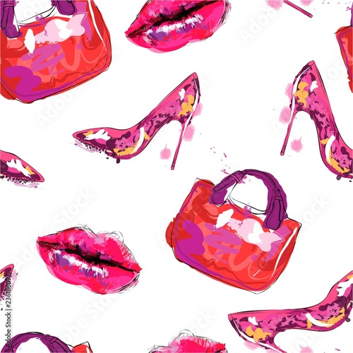 Beautiful female seamless background. Shoes, bag and lips. Vector illustration.