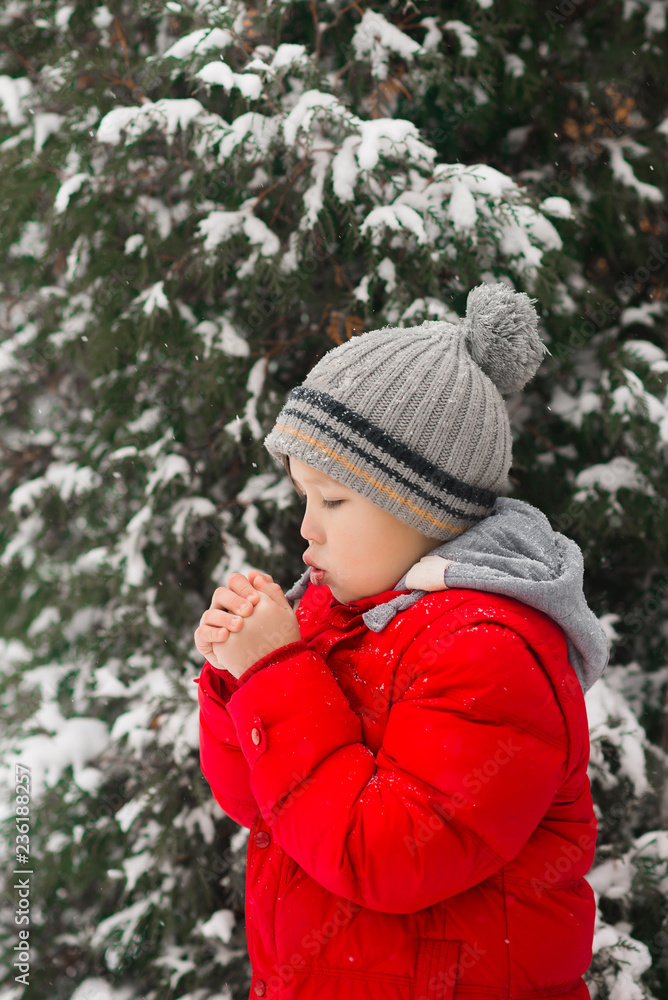 Winter cold. The boy blows on his hands, warming them. Winter frost. Winter cold. The boy blows on his hands, warming them. Winter frost.