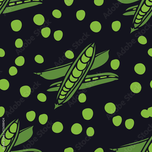 Food collection Fresh delicious peas Black background Seamless pattern