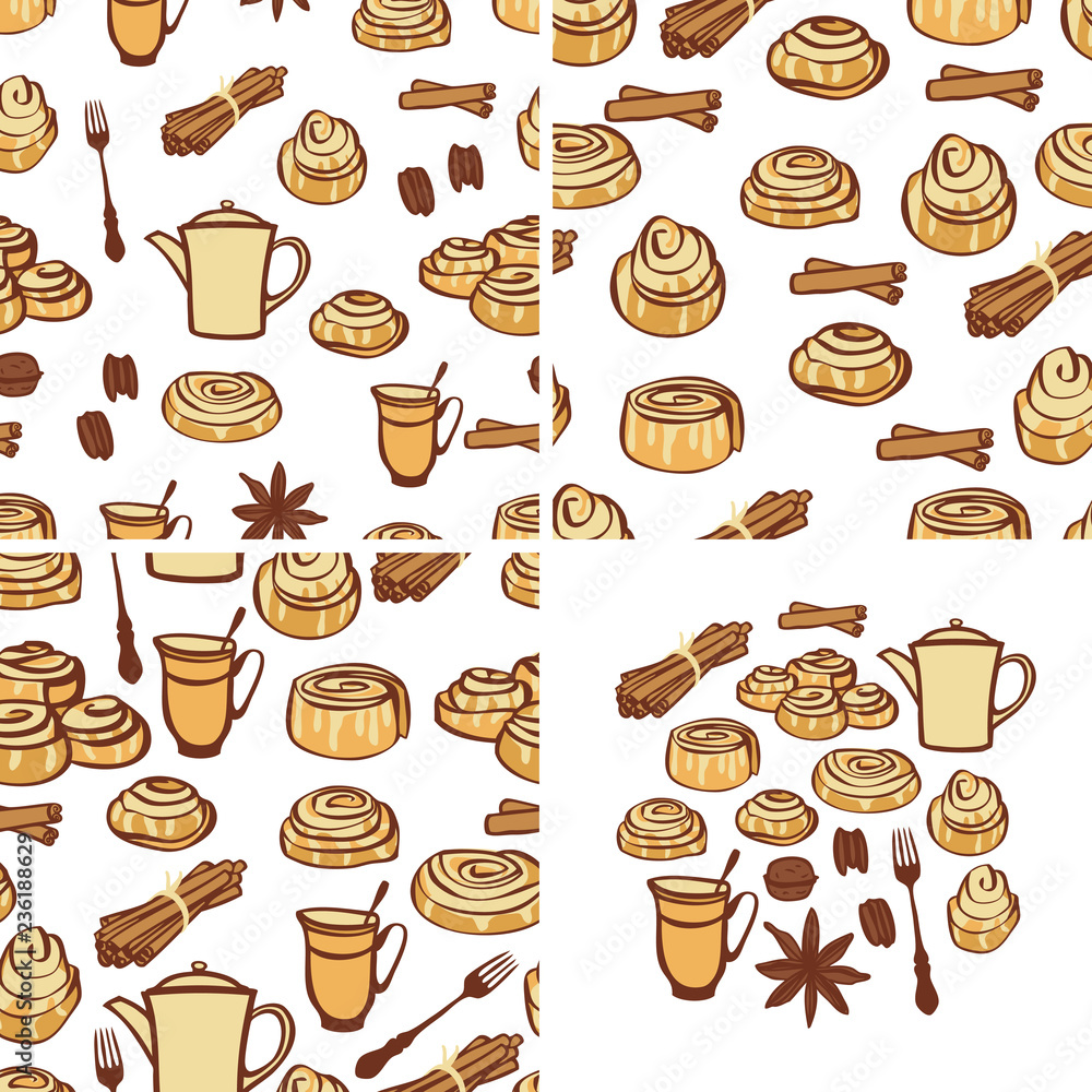 Three seamless pattern Food collection Cinnamon buns and bakery spices Isolated objects Hand drawing Three seamless pattern Food collection Cinnamon buns and bakery spices Isolated objects Hand drawing
