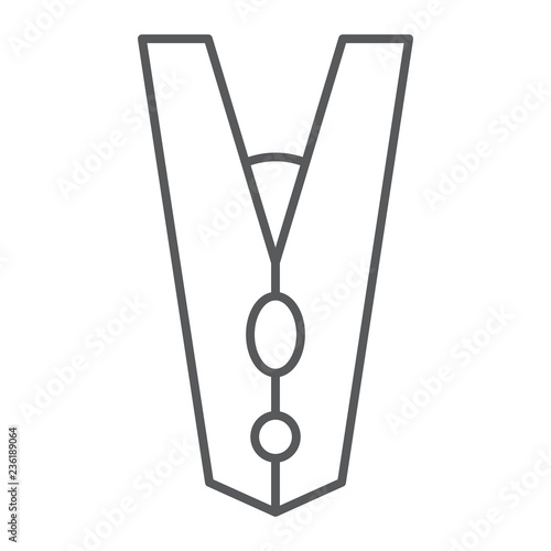 Clothespin thin line icon, laundry and clothes, clamp sign, vector graphics, a linear pattern on a white background.