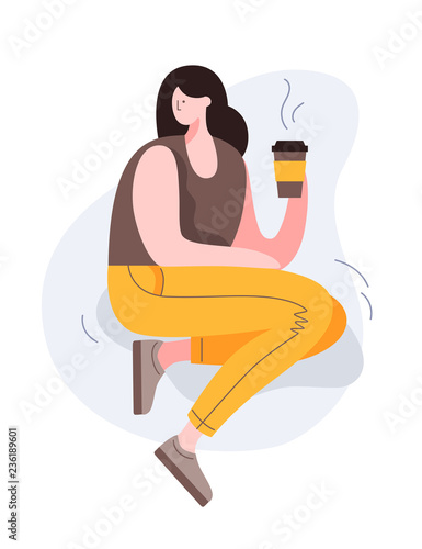 Young cartoon girl resting and drinking coffee. Coffee lover. Vector flat illustration.