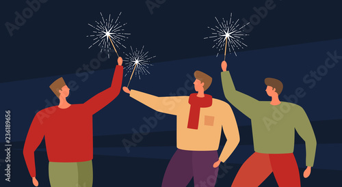 Image on the theme of the holiday and parties. Three young people with Bengal lights celebrate a joyful event. Vector illustration.