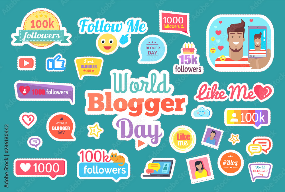 World Blogger Day Follow Me Button Set Vector World Blogger Day Follow Me Button Set Vector