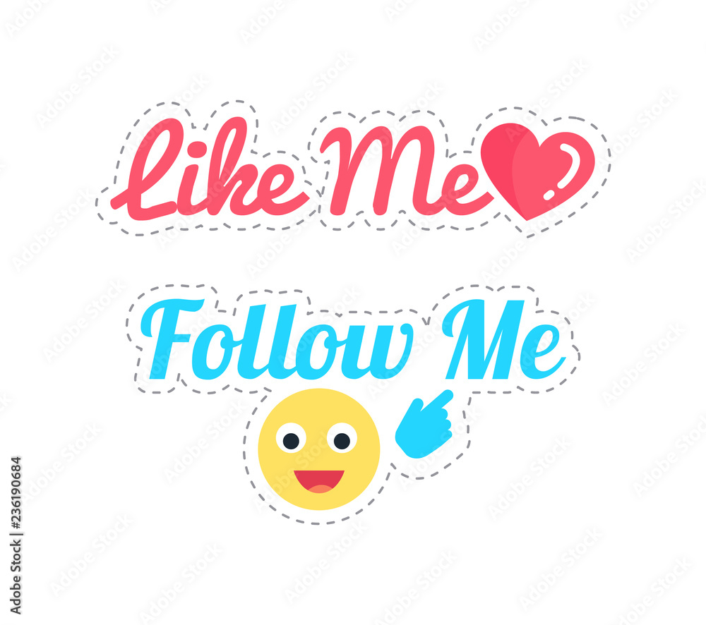 Fototapeta premium Follow and Like Me Stickers Isolated Patch Vector