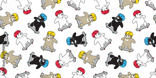 Bear seamless pattern skateboard vector polar bear skating helmet scarf isolated repeat wallpaper tile background