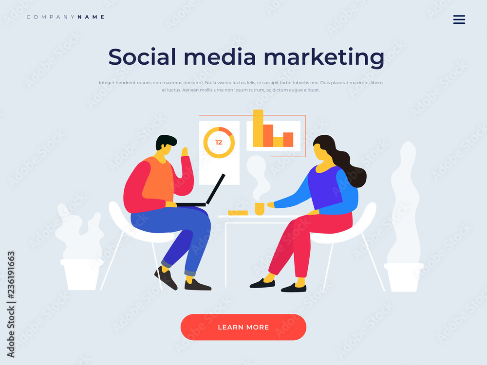 Title for website. Banner. Joint work in company. Young people are working on planning concept of marketing strategy of project. Exchange of business ideas. Teamwork. Vector flat cartoon illustration.