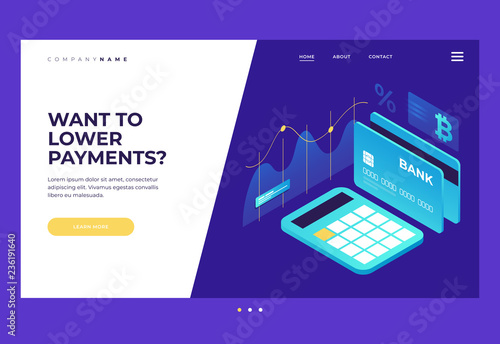 Homepage. Title for the website. Payment by crypto currency. Growth and income calculation. An isometric image of calculator, bank card and bitcoin sign. Vector illustration for web page.