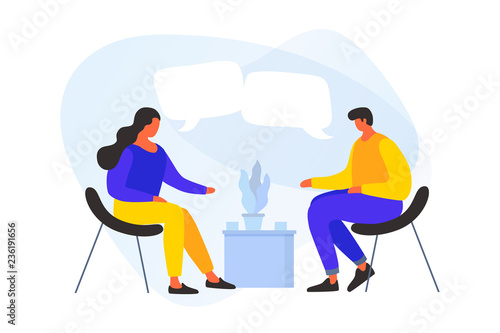 Cartoon young people discuss the strategy of doing business, a joint project. The concept of communication, discussion of news. Meeting of business people. Vector flat illustration.