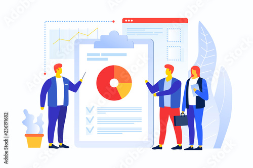 Cartoon people in the team are looking at the pie chart. The young man speaks with his colleagues. Workflow management and data analysis. Vocational training and education. Vector illustration.