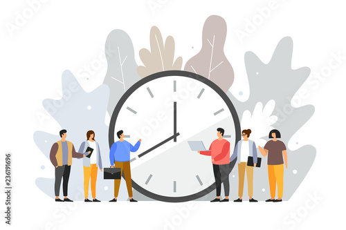 Concept of term and time. Deadline. Cartoon young people stand around the dial of a large watch. Time management planning. Time is money. Vector flat illustration.