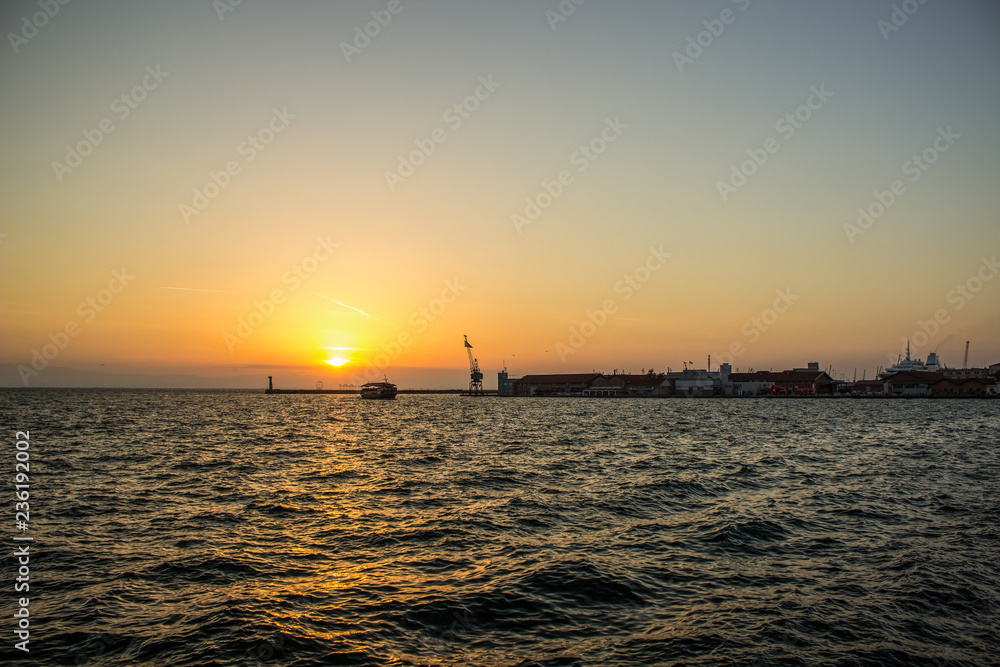 sea shire line waterfront port city district in sunset evening time sea shire line waterfront port city district in sunset evening time