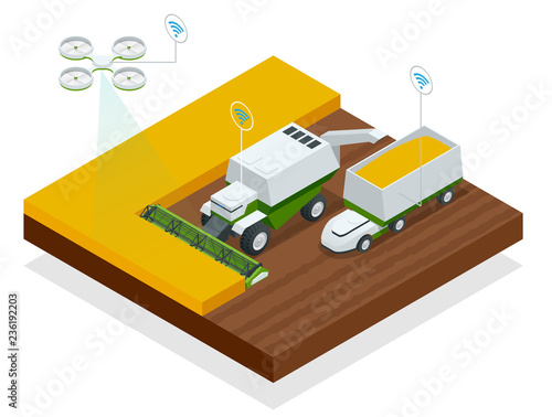 Isometric modern smart robots in agriculture, iot smart industry robot 4.0 combined harvester-thresher in the field. Combine harvester at work harvesting a field of wheat.