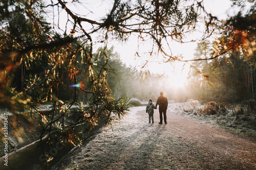 Father and son walk along the river bank. Silhouettes of people on the background of nature. Winter  landscape. Winter forest on the river.  © paralisart