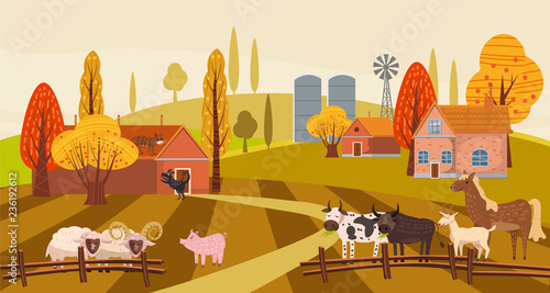 Farm animals and birds set in trendy cute style, including horse, cow, donkey, sheep, goat, pig, rabbit, duck, goose, turkey, rooster,ram, dog, cat, bull and chicken, isolated on rural landscape, farm