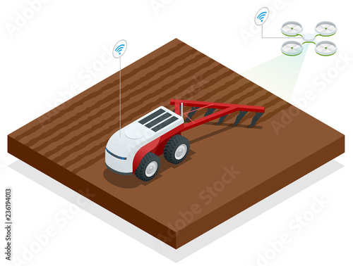 Isometric planting potatoes with a farming robot and specialist equipment. iot smart industry robot 4.0, control automatic robotics in farm