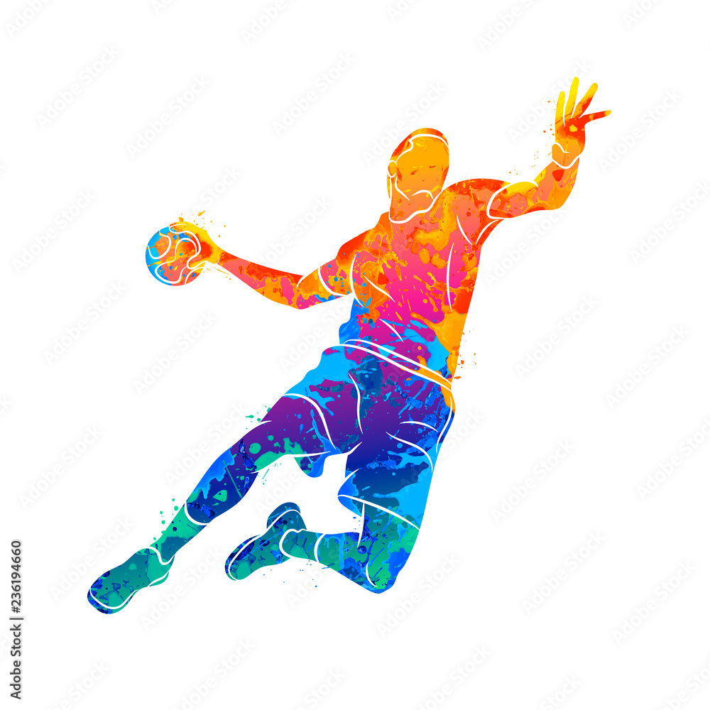 parachute Verminderen amplitude Abstract handball player jumping with the ball from splash of watercolors  Stock Vector | Adobe Stock