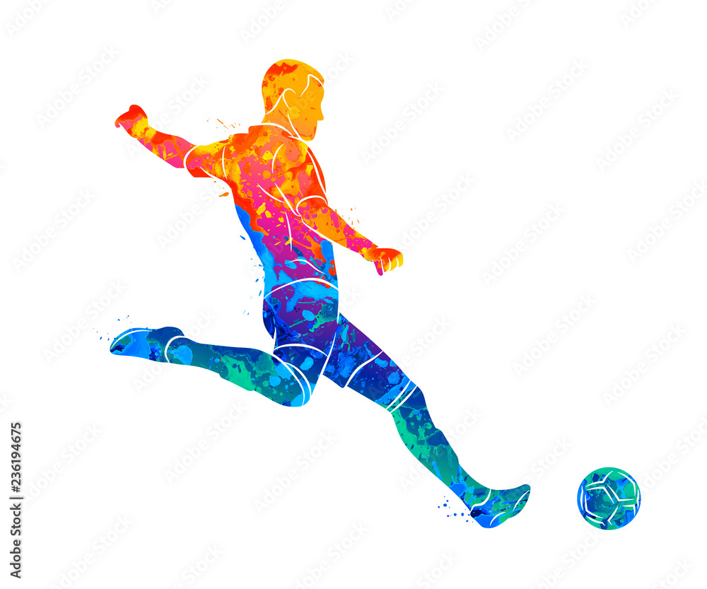 Naklejka Abstrakcjonistyczny fachowy gracz piłki nożnej szybki strzelać piłkę od pluśnięcia akwarele