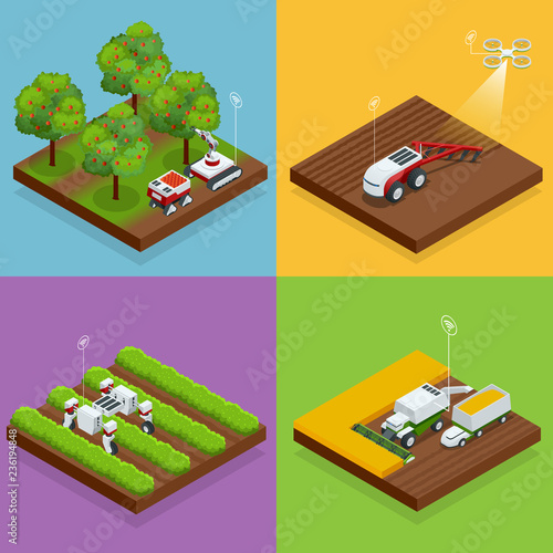 Isometric agriculture automatic guided robots harvest fruit from trees and harvest berries, combined harvester-thresher in the field.