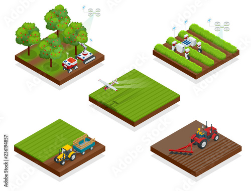 Isometric agriculture automatic guided robots harvest fruit from trees and harvest berries, combined harvester-thresher in the field.