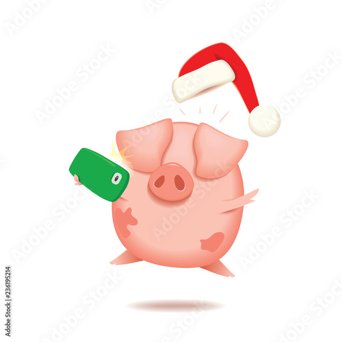 Little fat pig with Christmas Santa’s cap jumping and taking selfie,Happy New Year concept