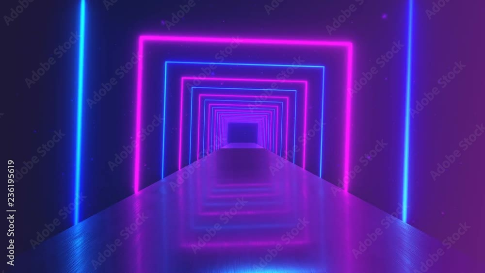 Flying through glowing rotating neon squares creating a tunnel, blue red pink violet spectrum, fluorescent ultraviolet light, modern colorful lighting, 4k loop animation Flying through glowing rotating neon squares creating a tunnel, blue red pink violet spectrum, fluorescent ultraviolet light, modern colorful lighting, 4k loop animation