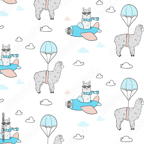 Cute Lama flying pattern. Textile cloth illustration with pilot alpaca with parachute. Childish print for fabric, t-shirt, poster, card, baby shower. Vector Illustrtion.