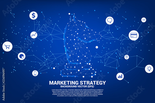 low polygon dot connected line of knight chess piece with marketing symbol. icon for planning and strategy thinking