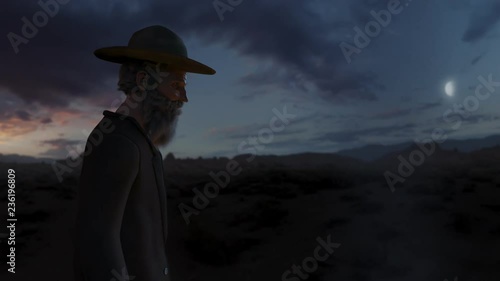 Western Campfire - A computer generated man from the 1800's stands over a campfire in the American west.