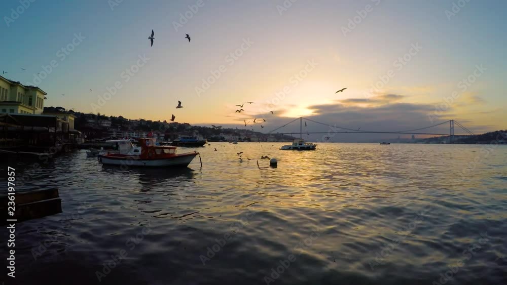 bosphorus sun down with bridge and boat in istanbul bosphorus sun down with bridge and boat in istanbul