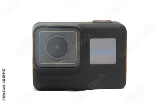 Black new action camera. Isolated on a white background.