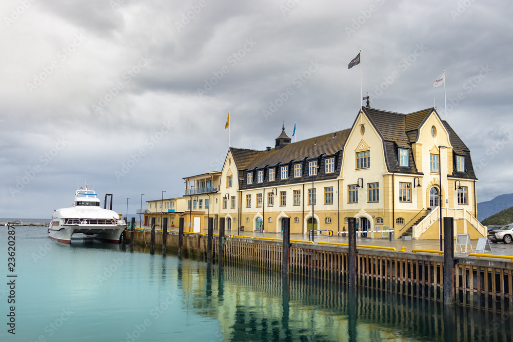 An Art Nouveau building at the Hurtigrut dock at the Port of Harstad, Troms County, Norway.