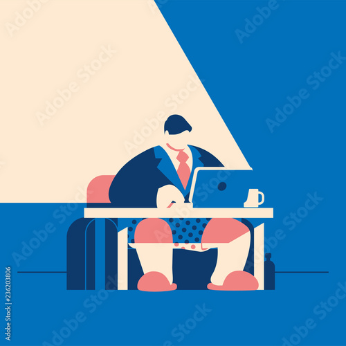 man in the tie, jacket and pants is working at his laptop. Vector illustration.