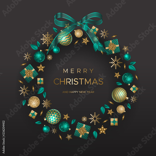Festive wreath with gifts and Christmas elements on black background. Vector illustration in modern style