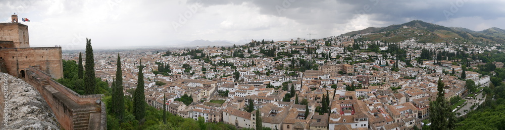 Panorama of beautiful white buildings in the historic city center of Albaicin in Granada, Spain