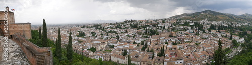 Panorama of beautiful white buildings in the historic city center of Albaicin in Granada, Spain