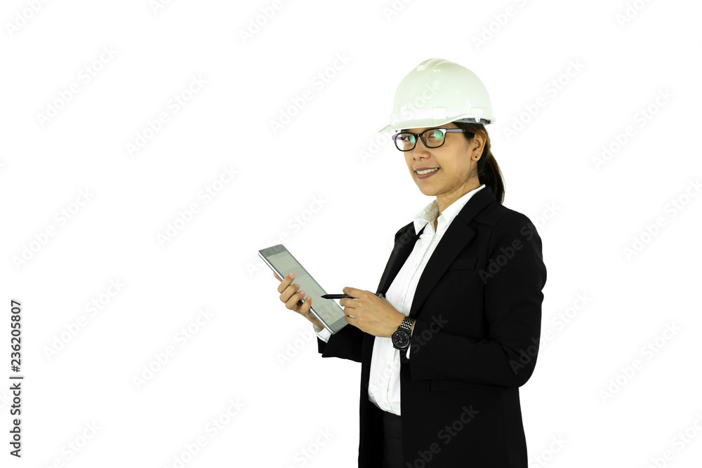 Asian engineer woman in white helmet using tablet, isolated on white. Asian engineer woman in white helmet using tablet, isolated on white.