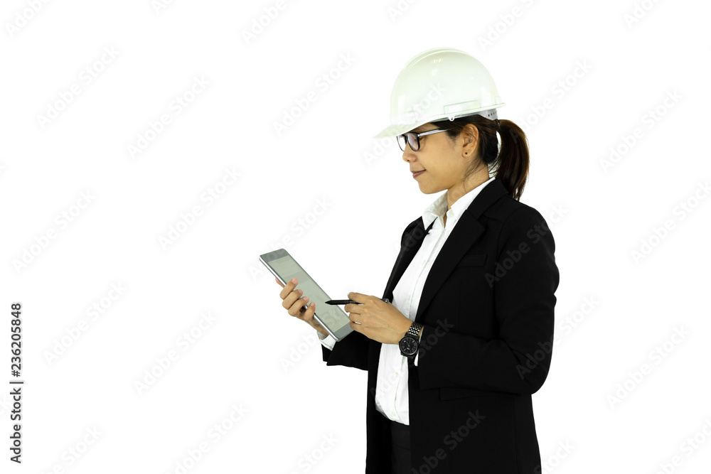 Asian engineer woman in white helmet using tablet, isolated on w Asian engineer woman in white helmet using tablet, isolated on w