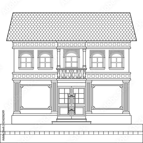 A drawing of a classic brick two-story building with shop windows for shops on the ground floor and an entrance in the center.