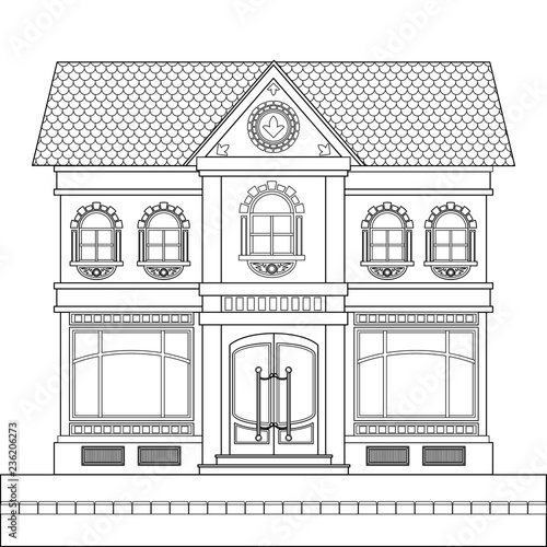 A drawing of a classic brick two-story building with shop windows for shops on the ground floor and windows with stucco decoration.