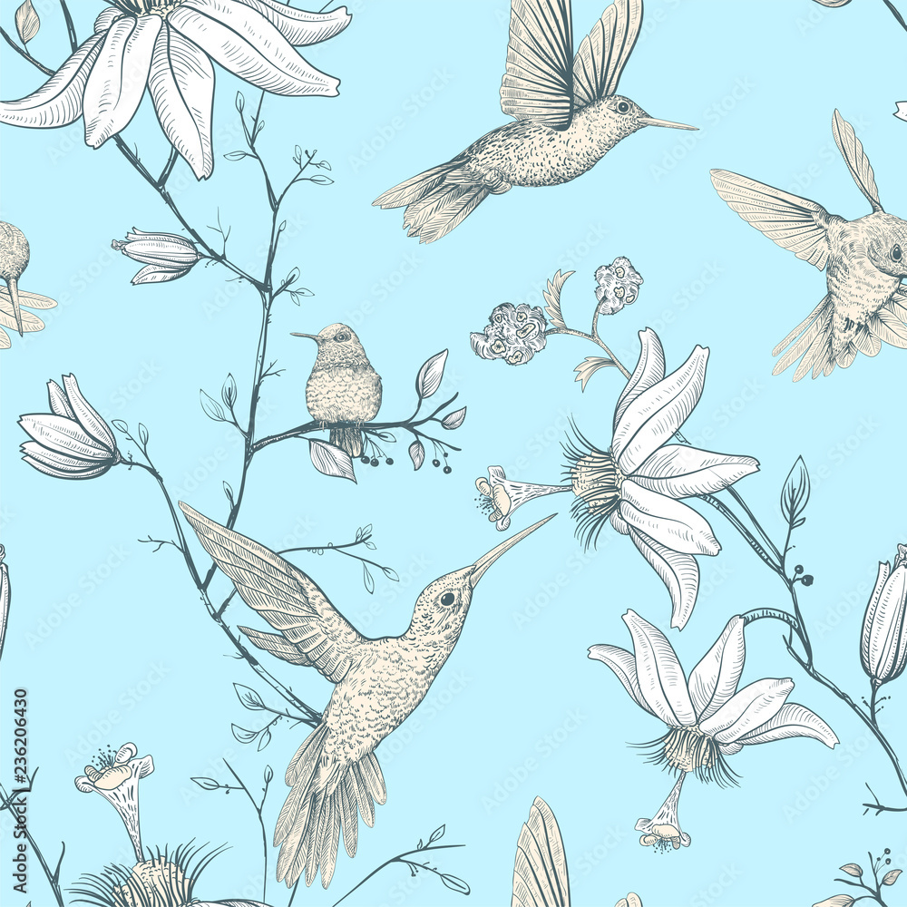 Vector sketch pattern with birds and flowers. Monochrome flower design for web, wrapping paper, phone cover, textile, fabric, postcard