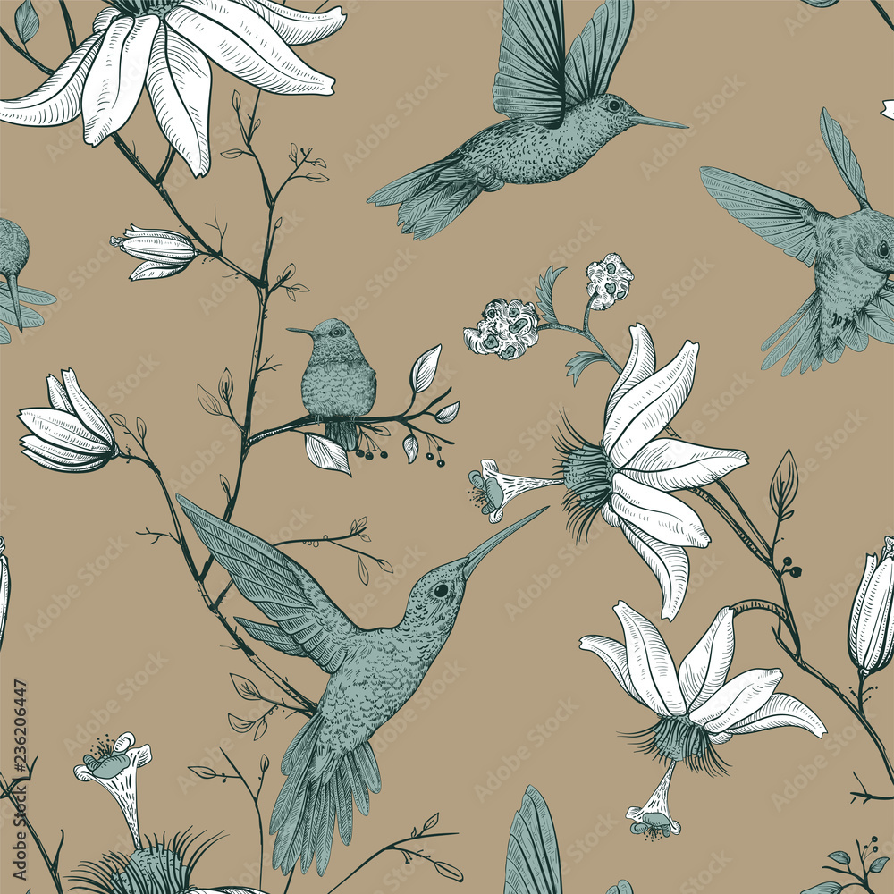 Vector sketch pattern with birds and flowers. Monochrome flower design for web, wrapping paper, phone cover, textile, fabric, postcard