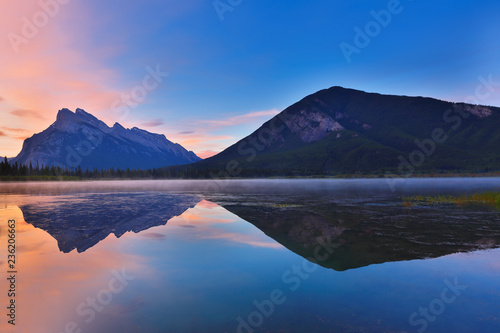 Beautiful sunrise over Vermillion Lake   Banff National Park  Alberta  Canada. Vermilion Lakes are a series of lakes located immediately west of Banff  Alberta