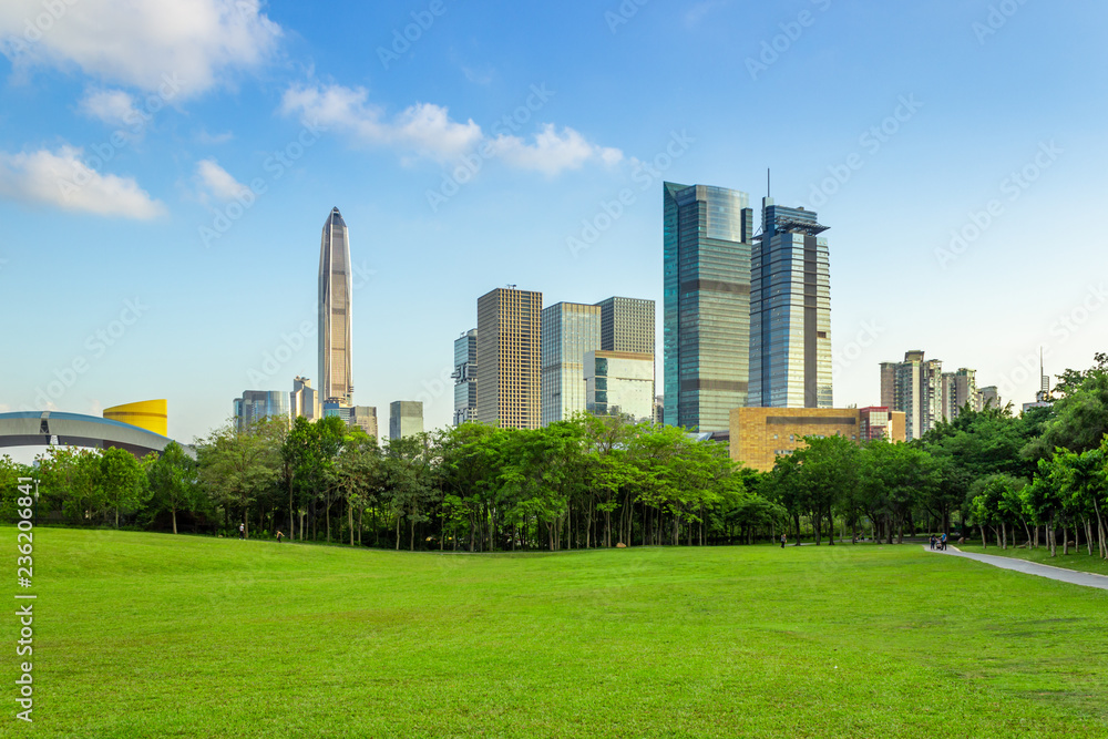 Shenzhen Futian District downtown city buildings and lawns