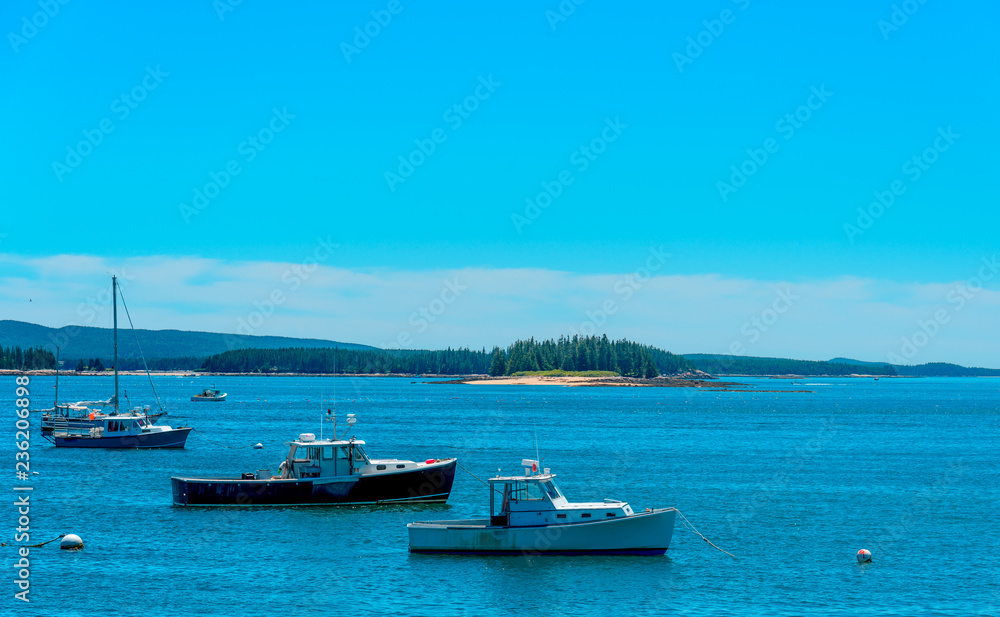 Maine Lobster Boats Moored Offshore at Deer Isle Harbor