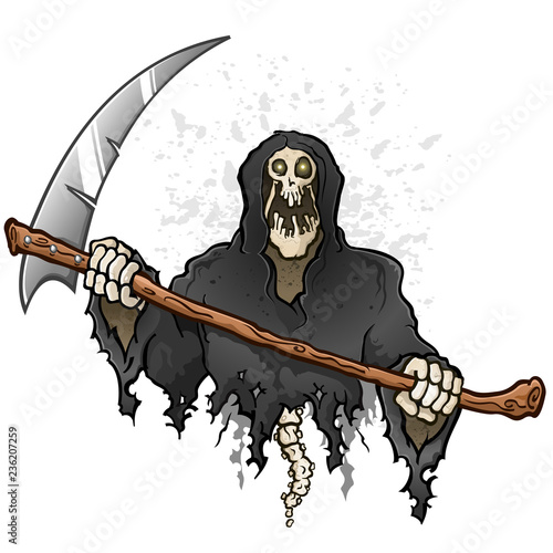 Grim Reaper Cartoon Character Holding a Death Scythe